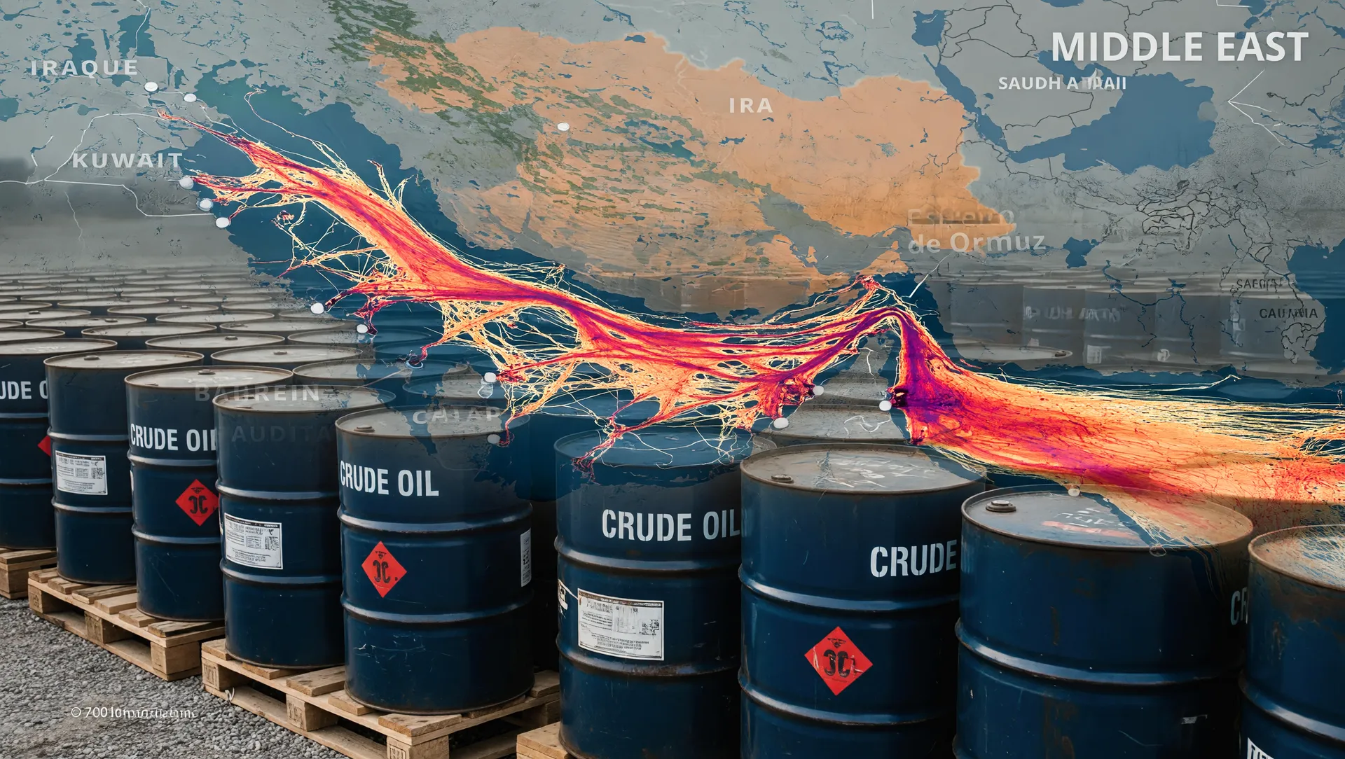Crise energética no Oriente Médio: petróleo bruto em refinaria com mapa do Estreito de Ormuz