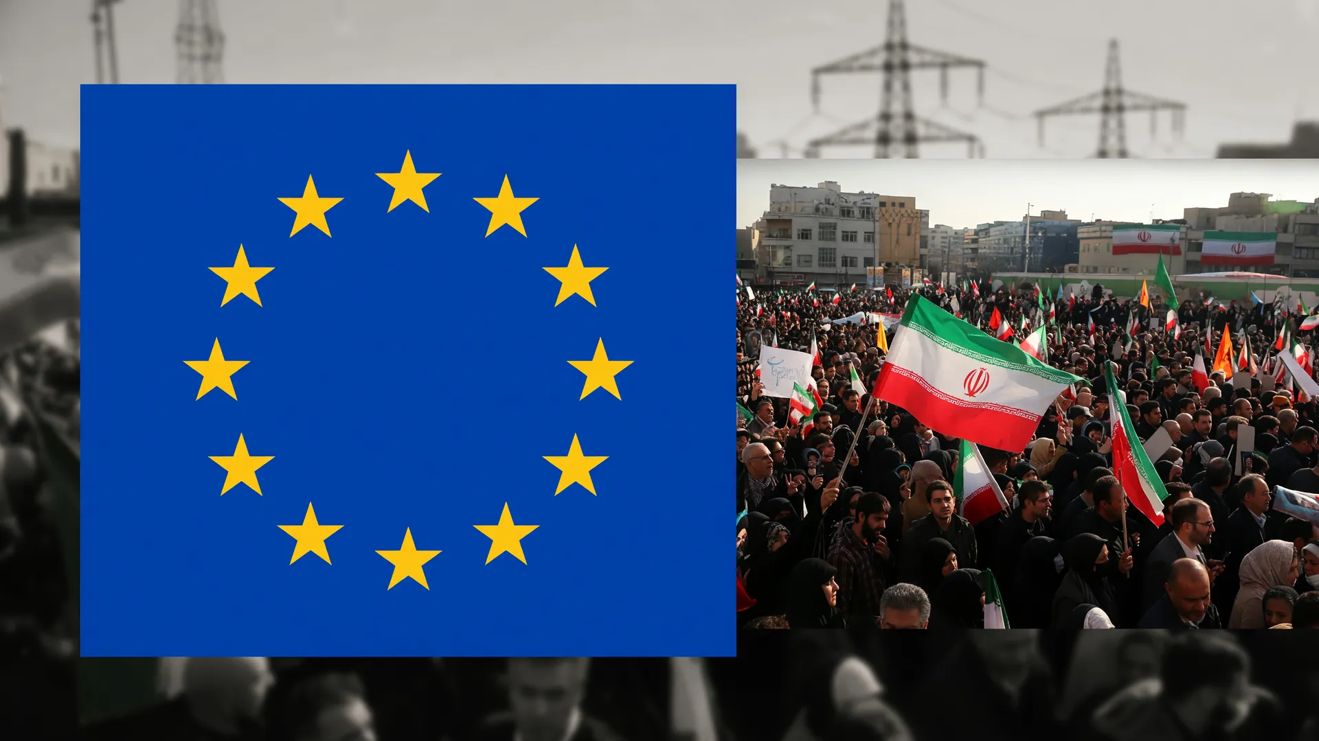 Bandeiras da UE e Irã representando a crise energética UE guerra no Irã e tensão energética europeia