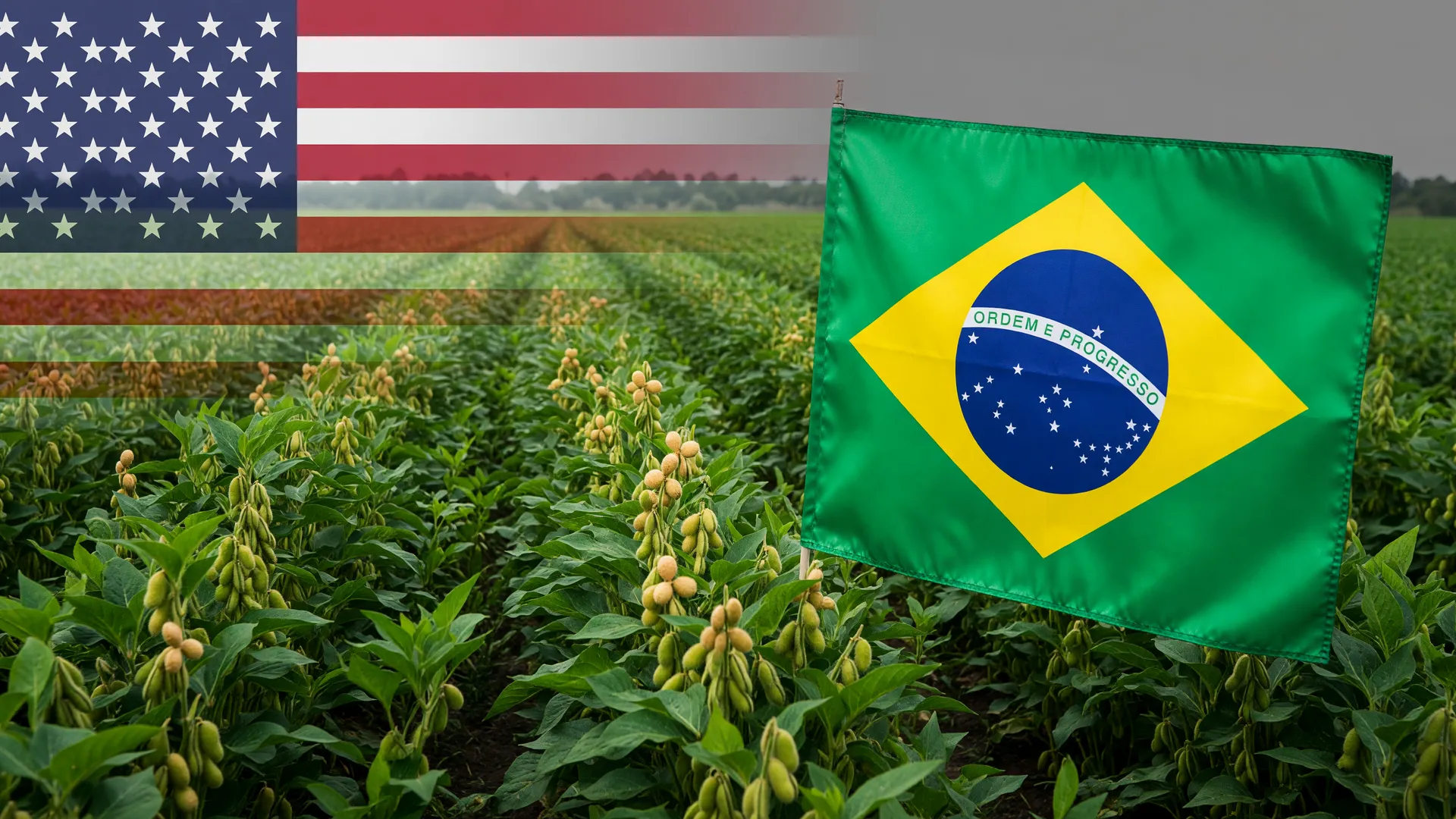 Plantação de soja com bandeiras EUA e Brasil: crise soja americana China Brasil reposiciona mercado global