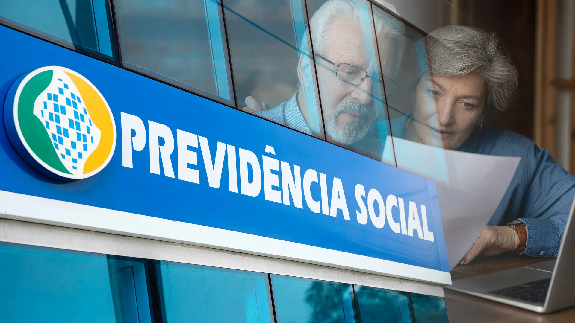 Fachada do INSS com aposentados refletidos, marcando transição após demissão de Gilberto Waller