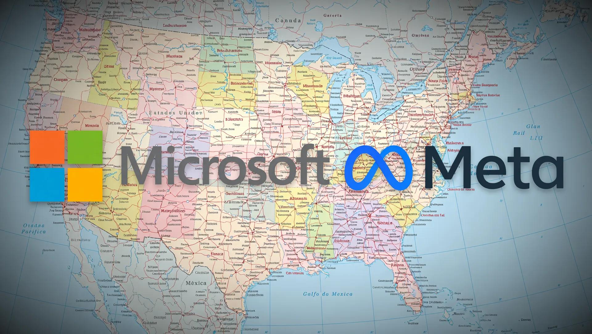 Logos da Microsoft e Meta sobre mapa dos EUA, representando demissão voluntária de funcionários veteranos