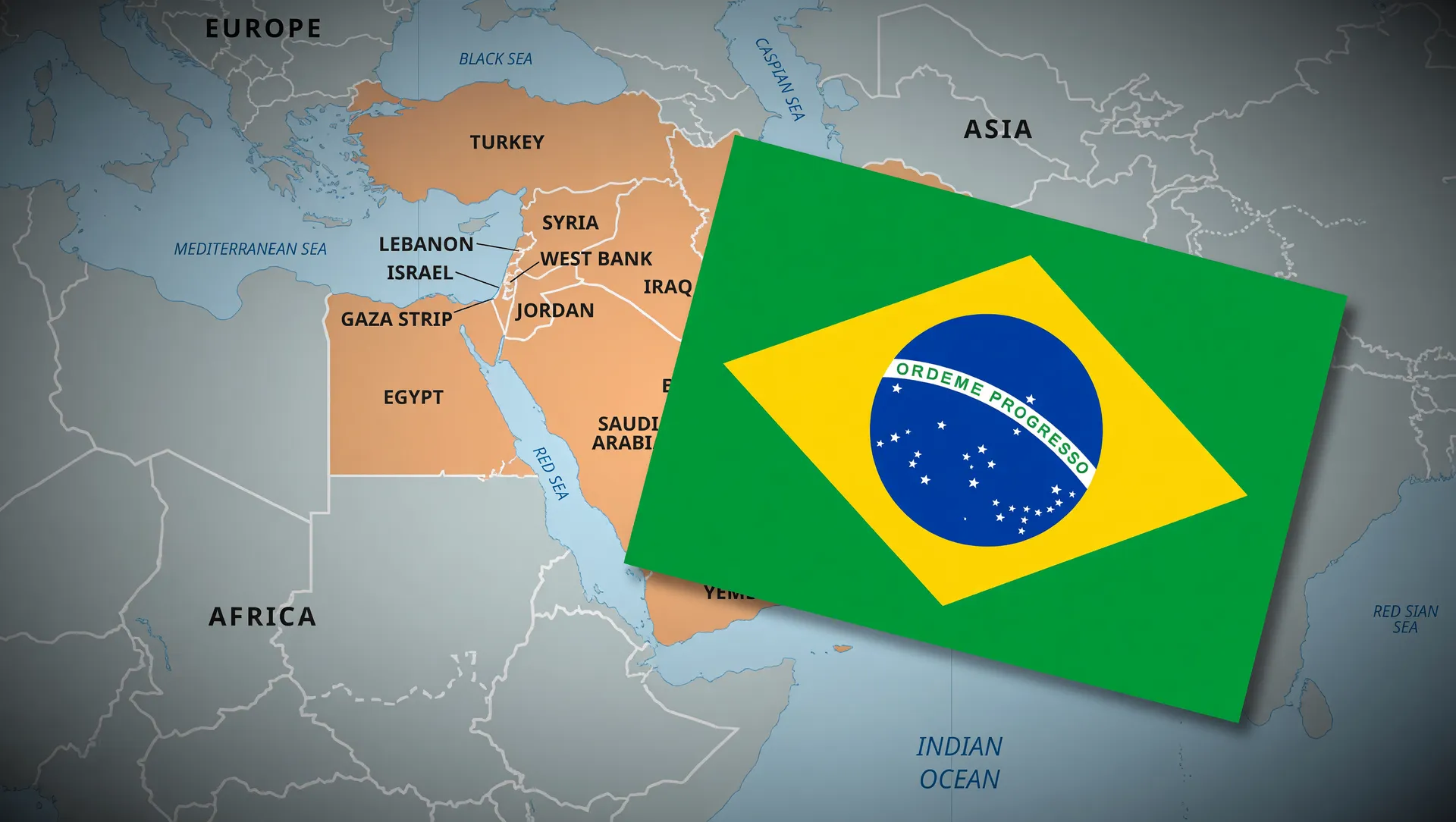 Bandeira brasileira e mapa político do Oriente Médio ilustrando a dependência de fertilizantes importados Brasil