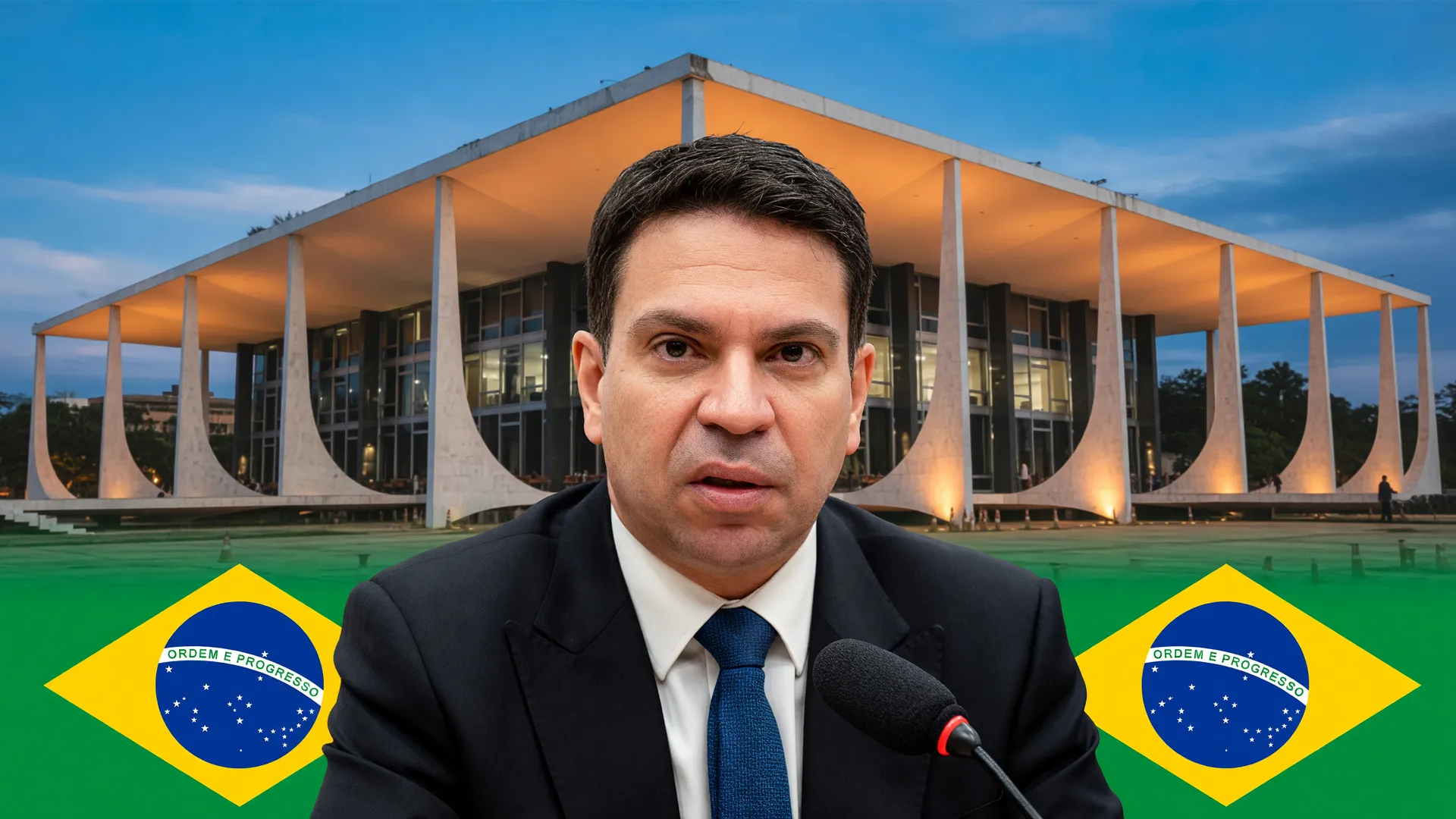 Alexandre Ramagem com STF ao fundo, simbolizando deportação de Ramagem para o Brasil