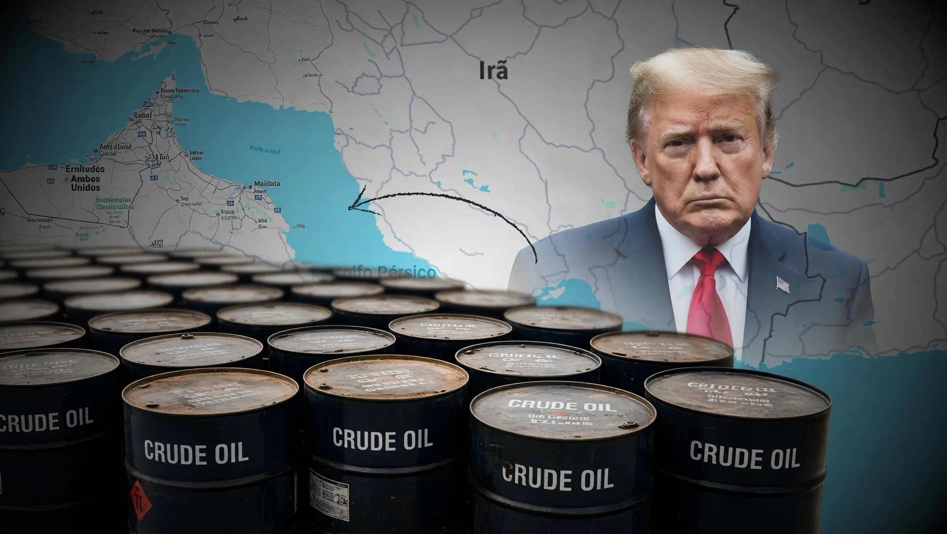Mapa do Estreito de Ormuz com barris de petróleo e Trump ilustra o conflito Irã Oriente Médio e seus impactos no dólar