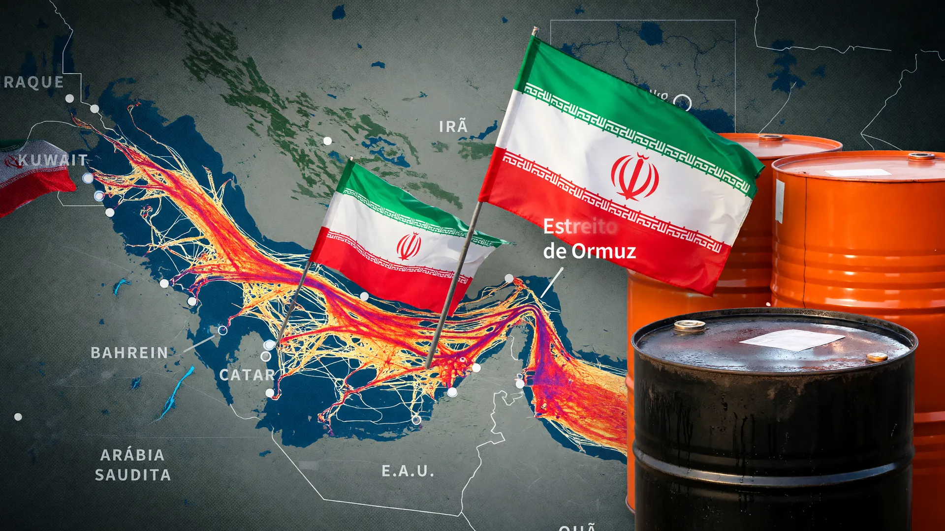 Impasse do dólar no Estreito de Ormuz: bandeiras iranianas e rotas críticas em tensão geopolítica.