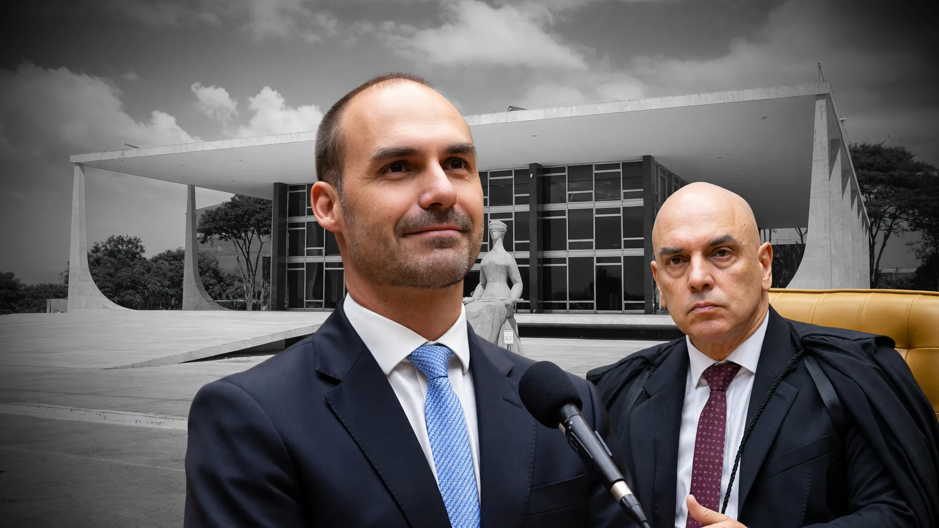Composição mostra ausência de Eduardo Bolsonaro interrogatório STF com figura de magistrado, simbolizando avanço processual