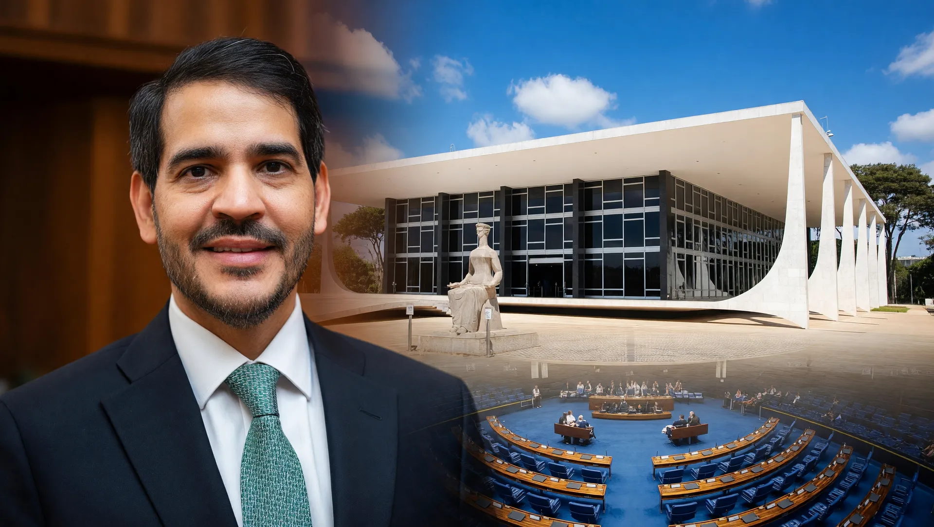 Retrato de Jorge Messias e fachada do STF simbolizando a sabatina de emendas parlamentares