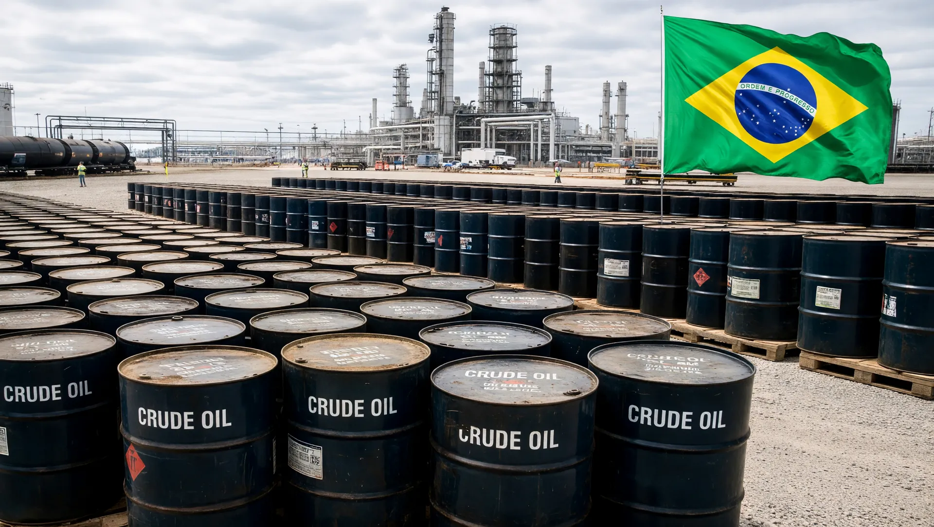 Barris de petróleo e bandeira do Brasil representando autossuficiência em etanol na gasolina