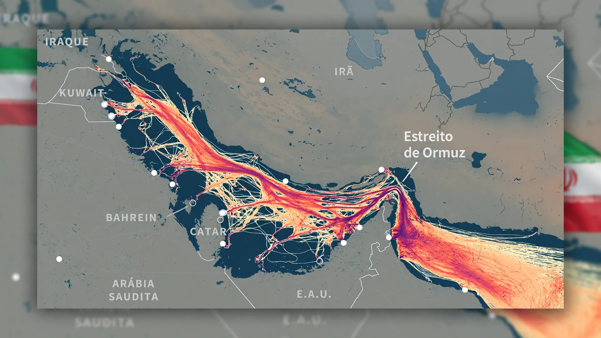 Mapa do Oriente Médio com foco no Estreito de Ormuz bloqueando exportações de café e pimenta do Espírito Santo
