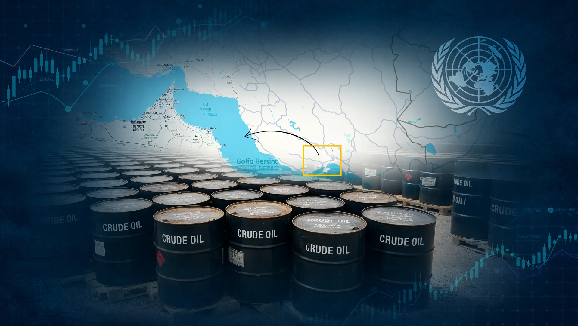 Visuais do fechamento Estreito de Ormuz com barris de petróleo e símbolo da ONU mostrando impacto na economia mundial