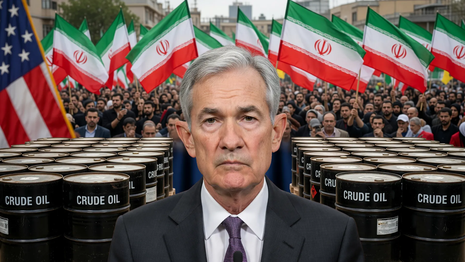 Powell com barris de petróleo e bandeiras iranianas retratam Fed mantém juros durante guerra Irã