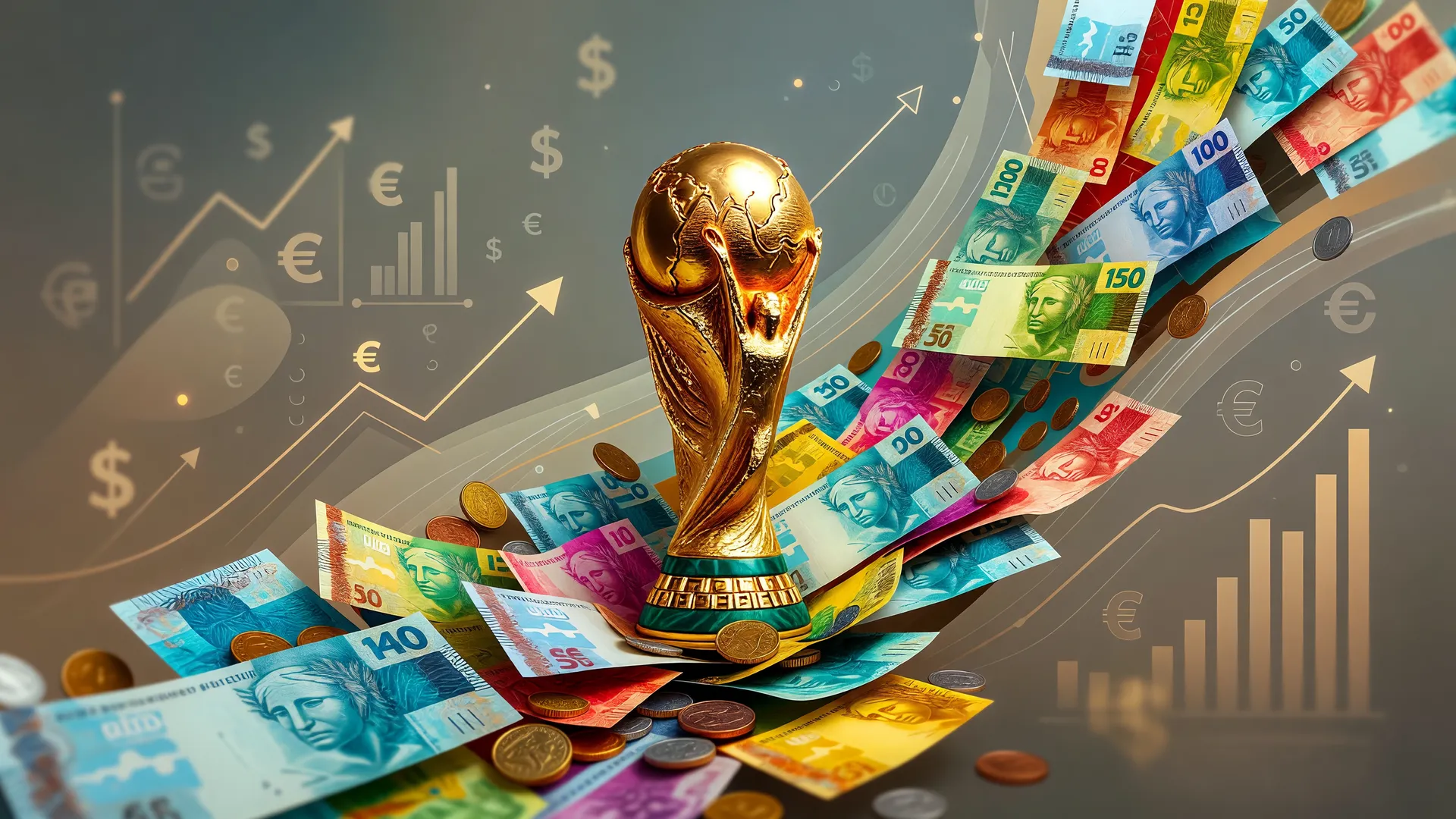 Visualização do aumento de premiação FIFA para Copa do Mundo 2026 com símbolos financeiros e troféu
