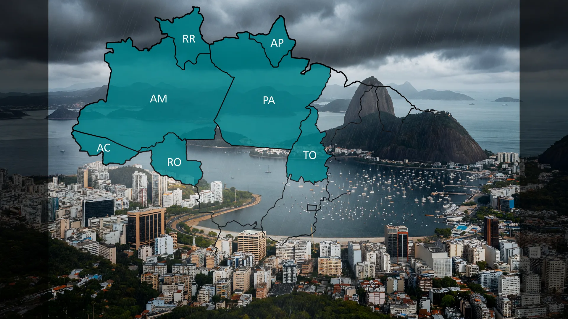 Composição editorial mostrando regiões do Brasil afetadas por frente fria com chuva forte no Sudeste