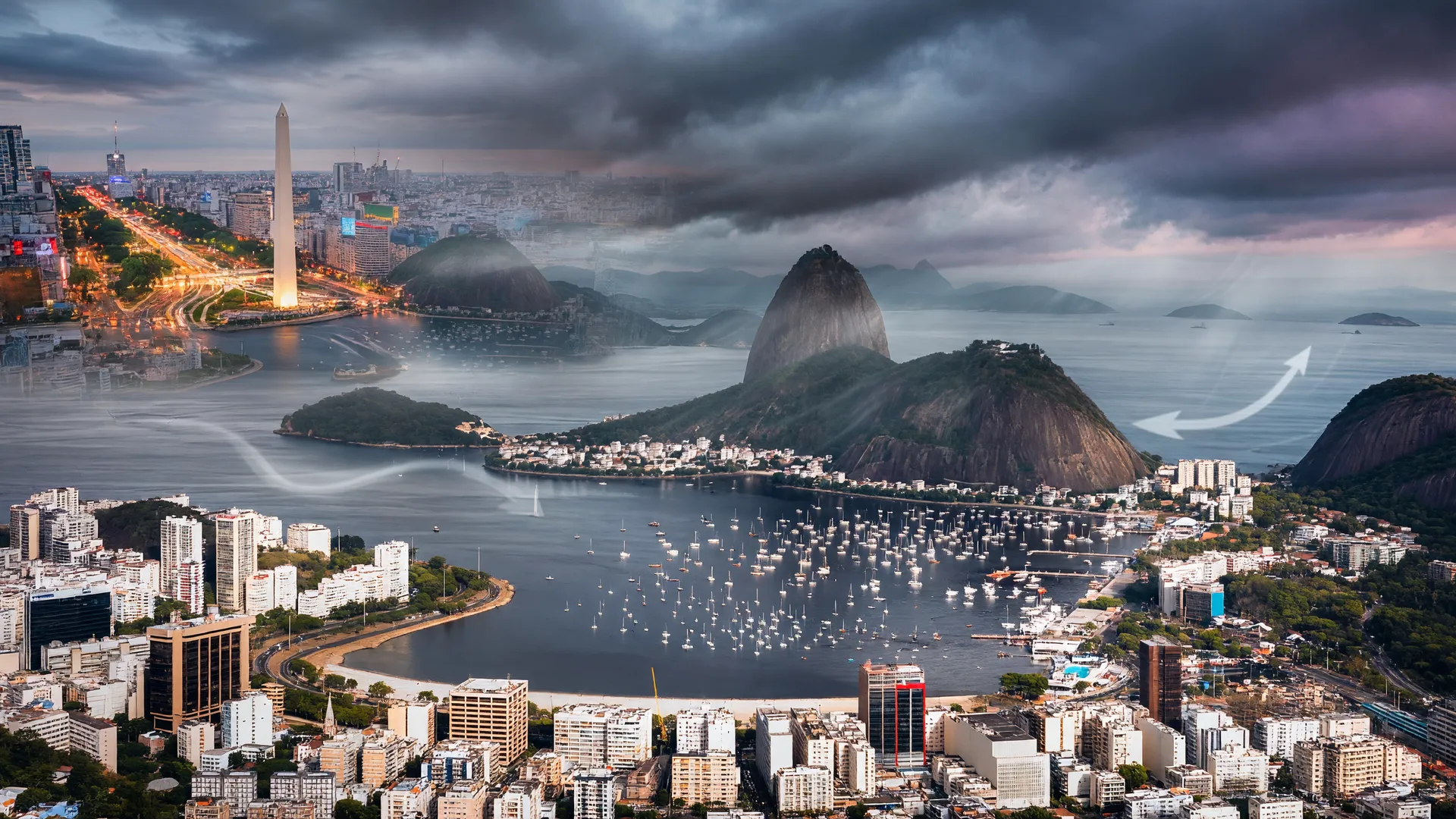 Colagem editorial de frente fria temporais sul brasil: trajetória da tempestade de Buenos Aires ao Sudeste