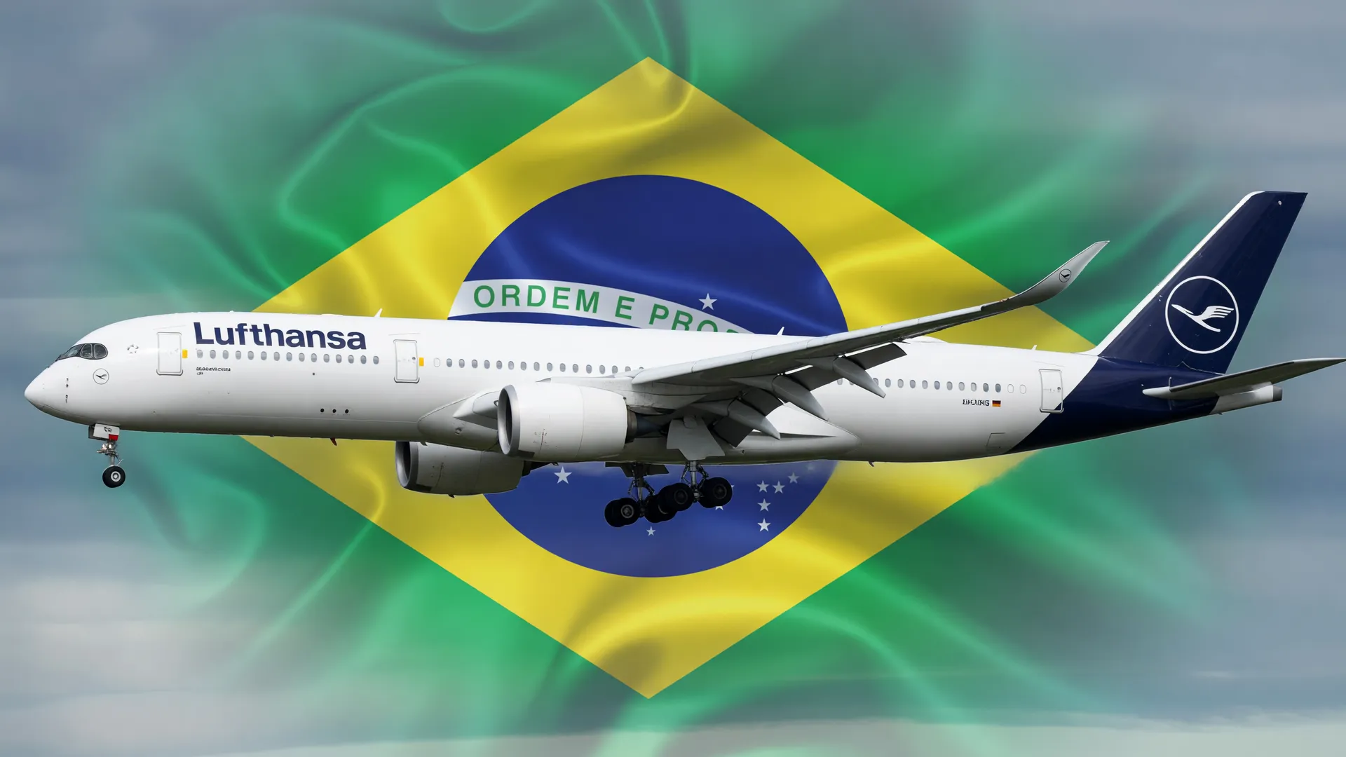 Greve Lufthansa voos Brasil: avião em voo com bandeira brasileira, mostrando impacto da paralisação