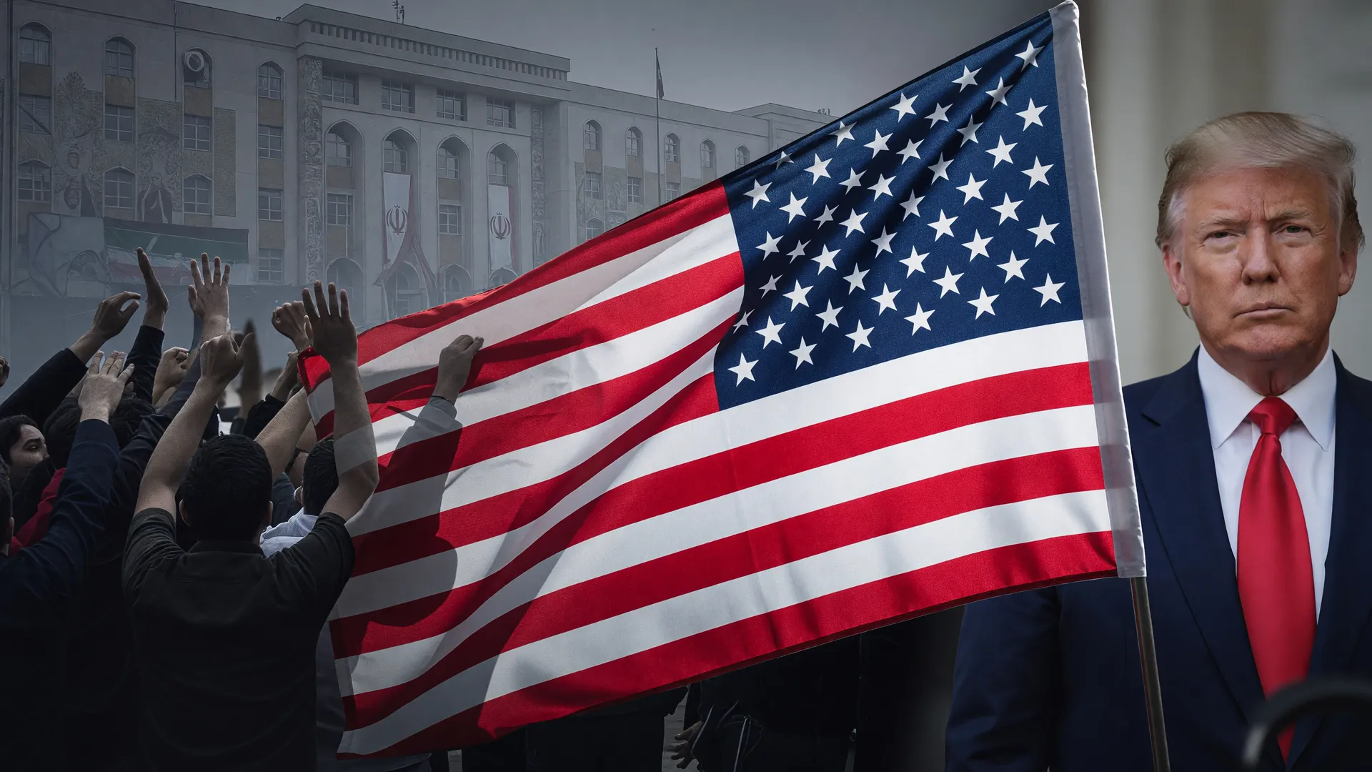 Colagem editorial mostrando tensão EUA-Irã em ataque de hackers iranianos contra infraestrutura crítica americana