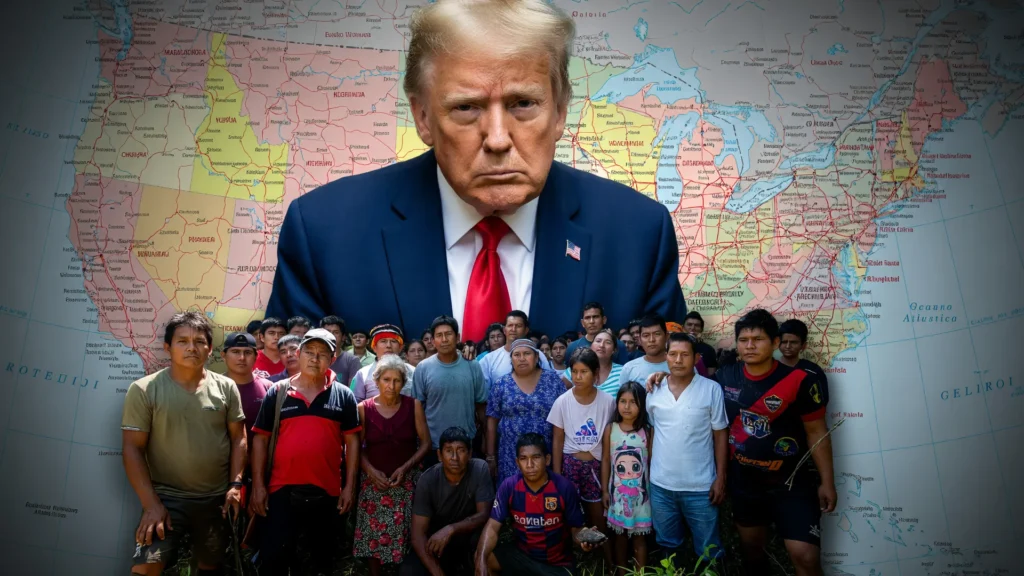 Composição editorial com Trump e imigrantes latinos deportados para o Congo, refletindo política de expulsão