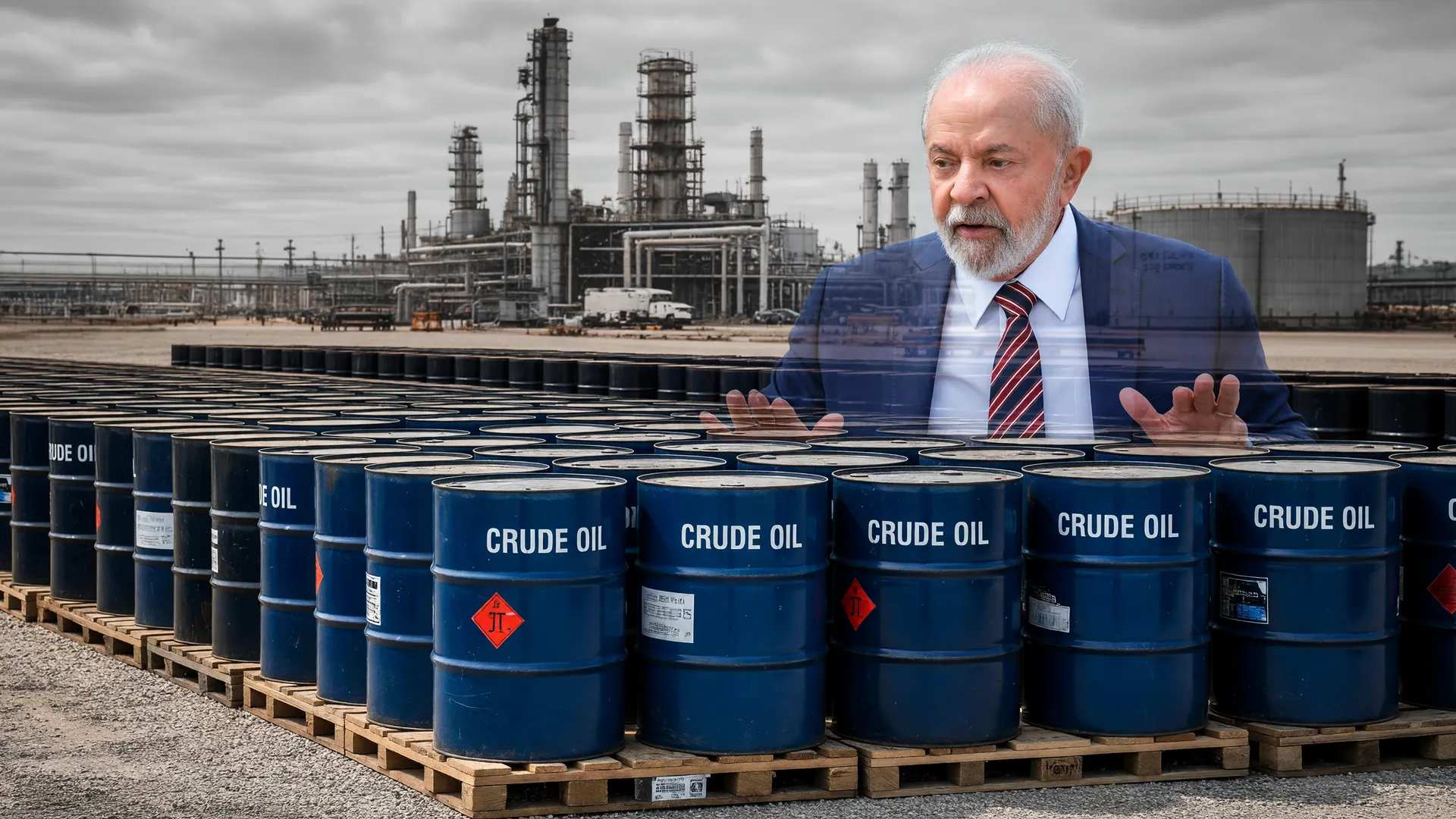 Barris de petróleo bruto representando o imposto de exportação reativado pelo TRF-2