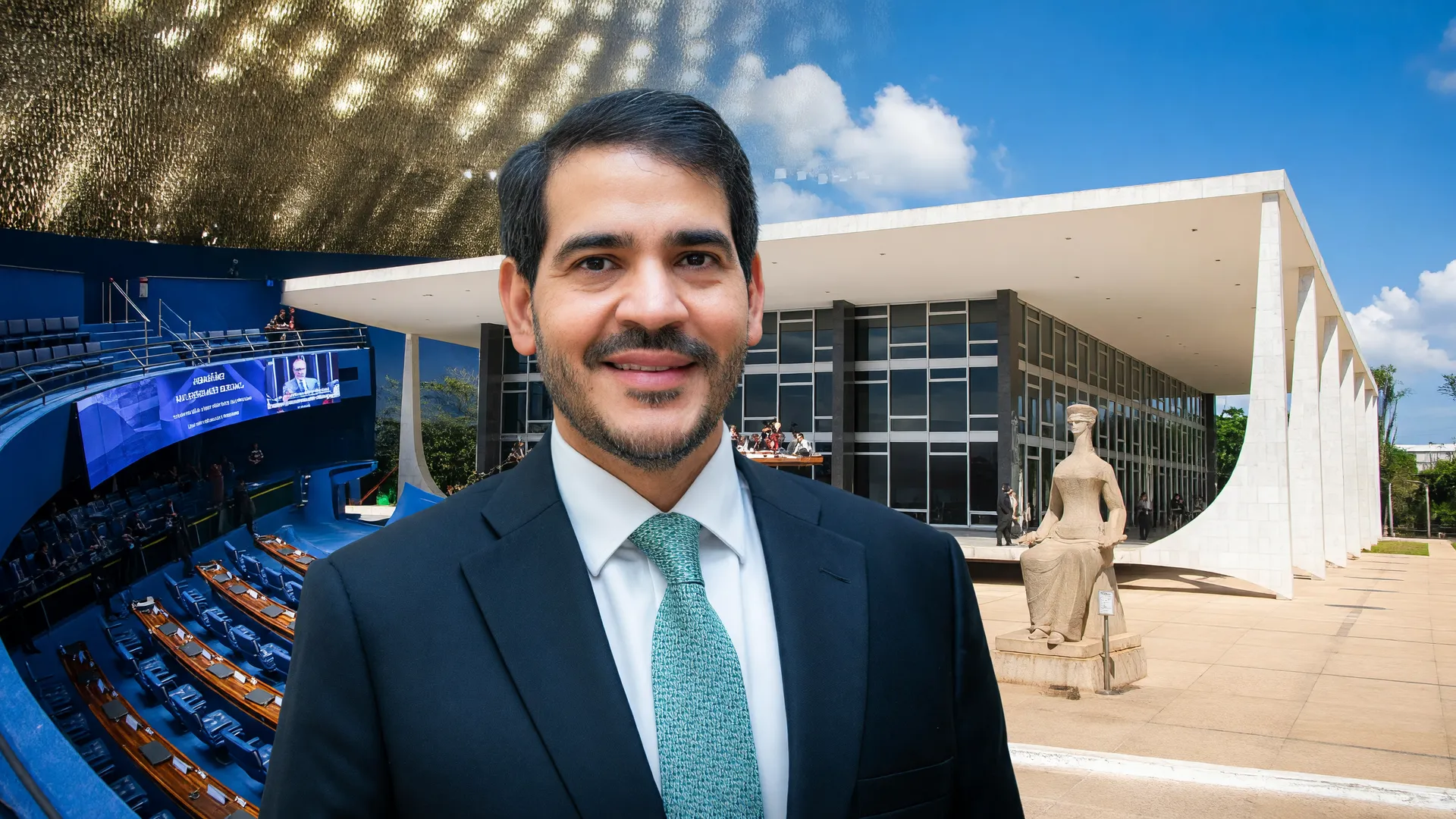 Indicação de Jorge Messias ao STF: retrato com escultura de justiça e plenário do Senado Federal em composição