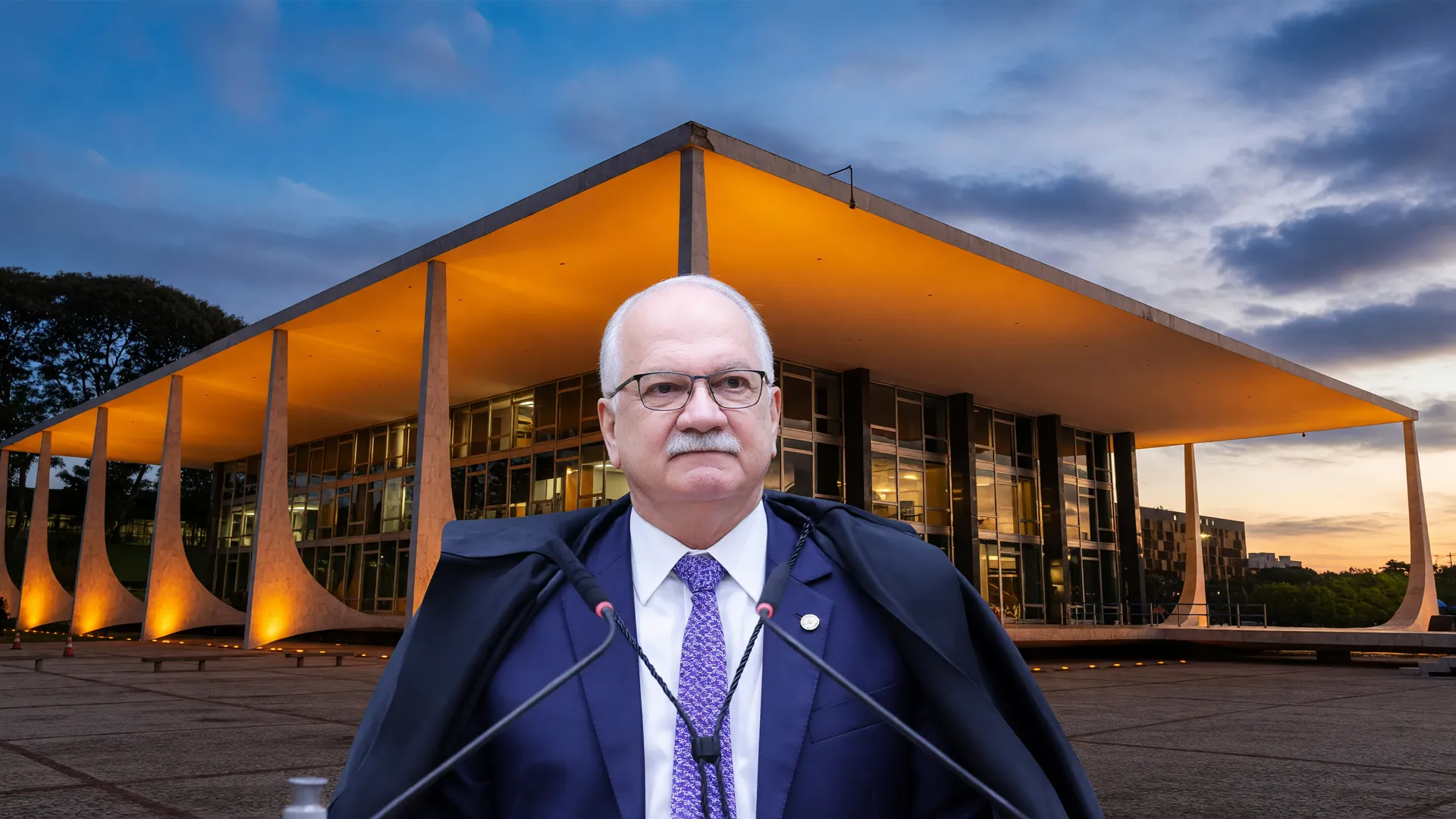 Fachin rejeita indiciamento de ministros do STF na CPI: retrato do presidente com fachada do tribunal ao entardecer