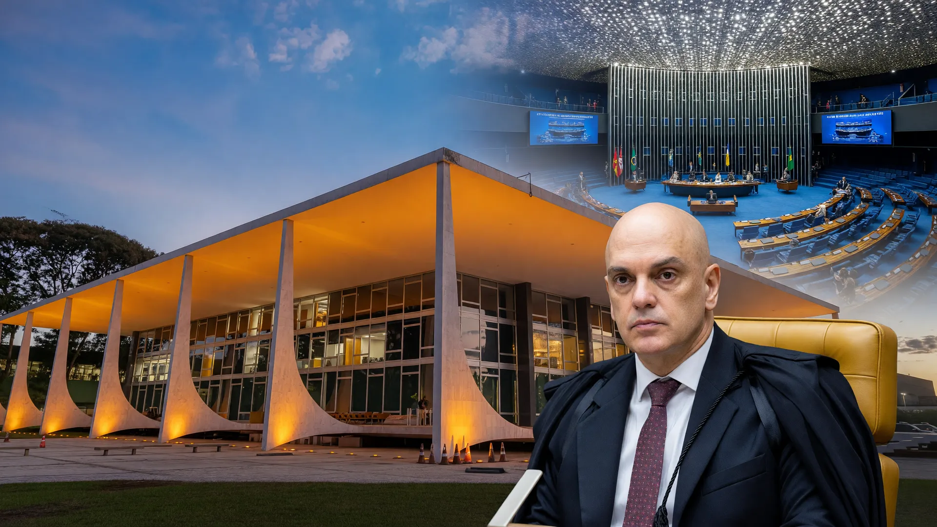 Plenário do Senado, fachada do STF e retrato de ministro simbolizam o debate sobre indiciamento de ministros STF na CPI