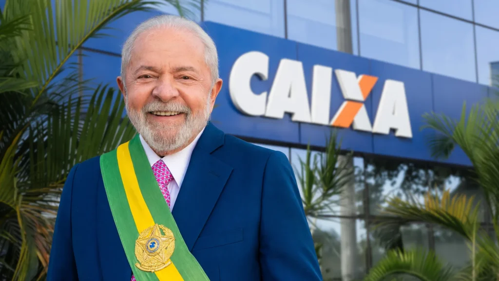 Presidente Lula e fachada moderna da Caixa ilustram liberação do FGTS para pagamento de dívidas de 10 milhões