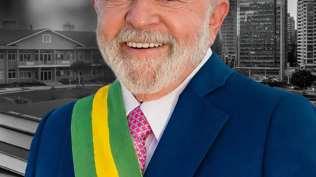 Lula em retrato oficial com faixa presidencial verde-amarela defendendo investimentos em educação contra Faria Lima