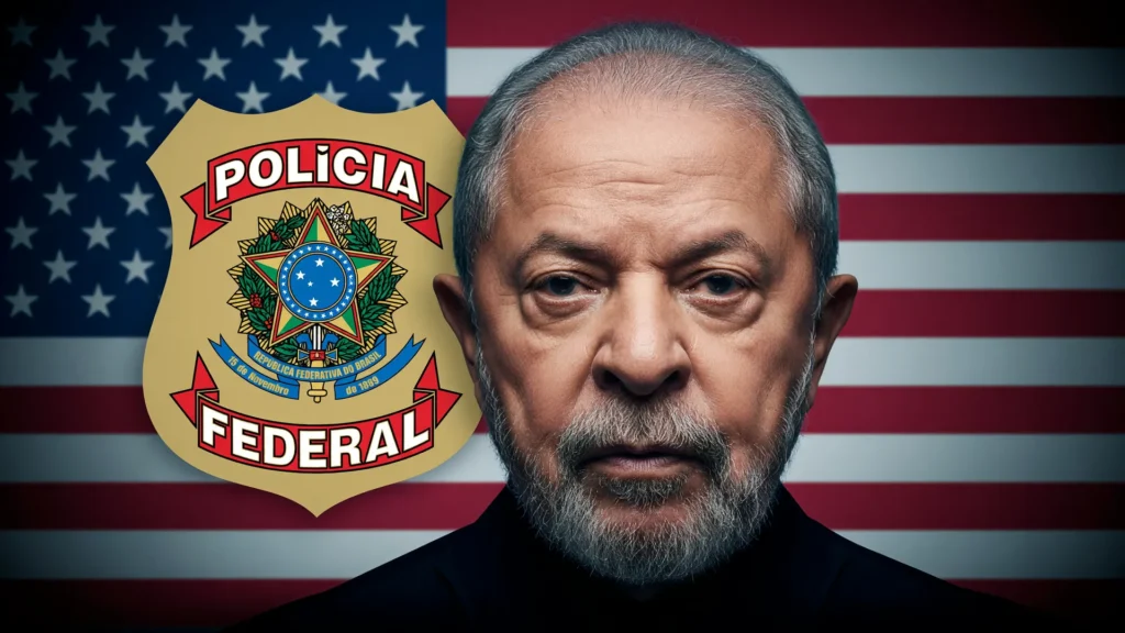 Retrato de Lula com símbolos da Polícia Federal e EUA: reciprocidade na expulsão do delegado no caso Ramagem