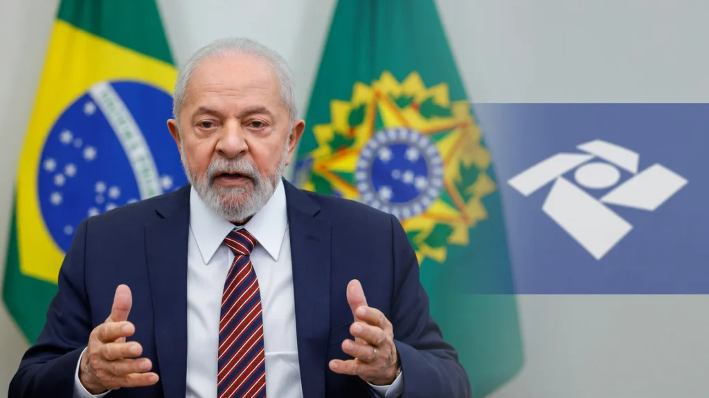 Retrato do presidente Lula ao lado de símbolos da Receita Federal, representando as medidas de arrecadação para 2027