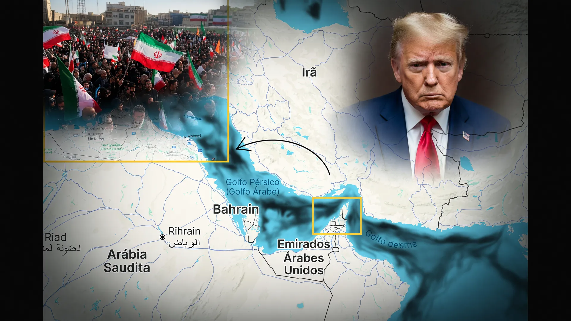 Mapa do Estreito de Ormuz mostrando bloqueio por minas navais, com Trump e Irã