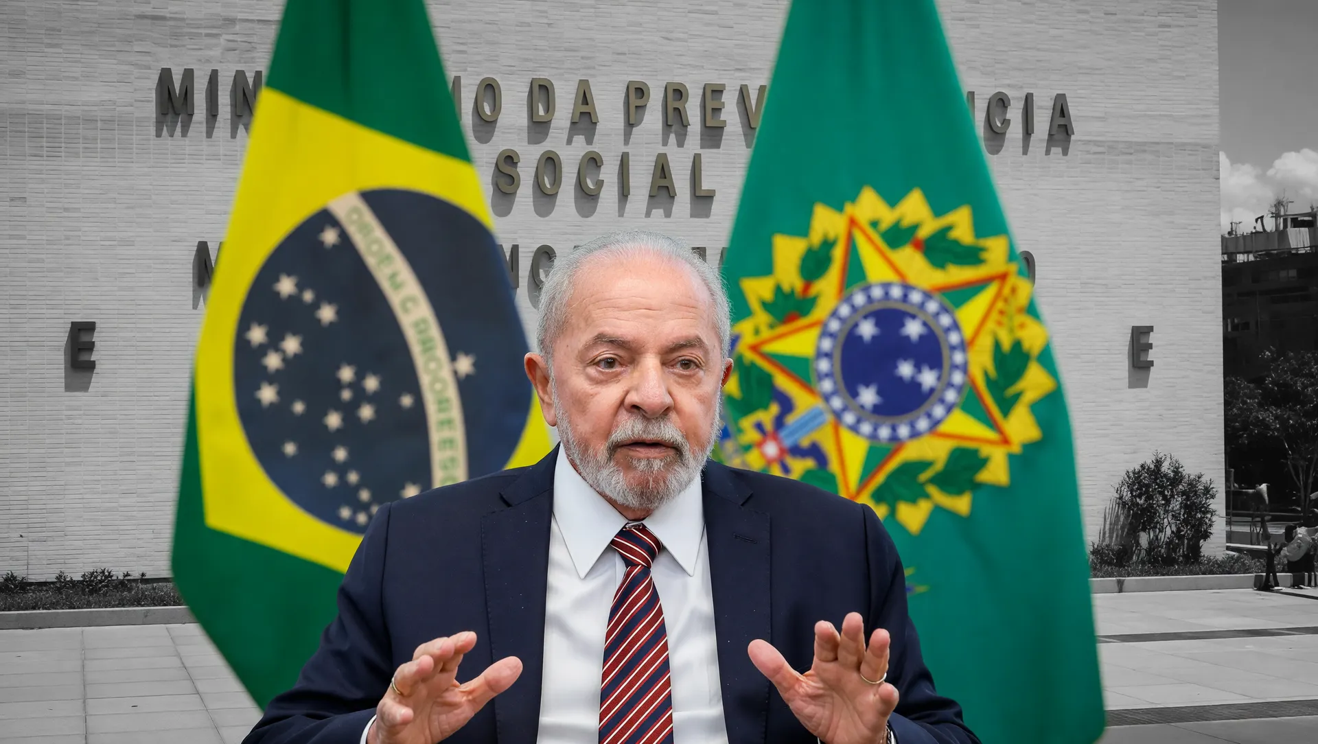 Retrato oficial do presidente Lula e fachada do Ministério do Trabalho ilustrando mudança abono salarial trabalhadores 2026