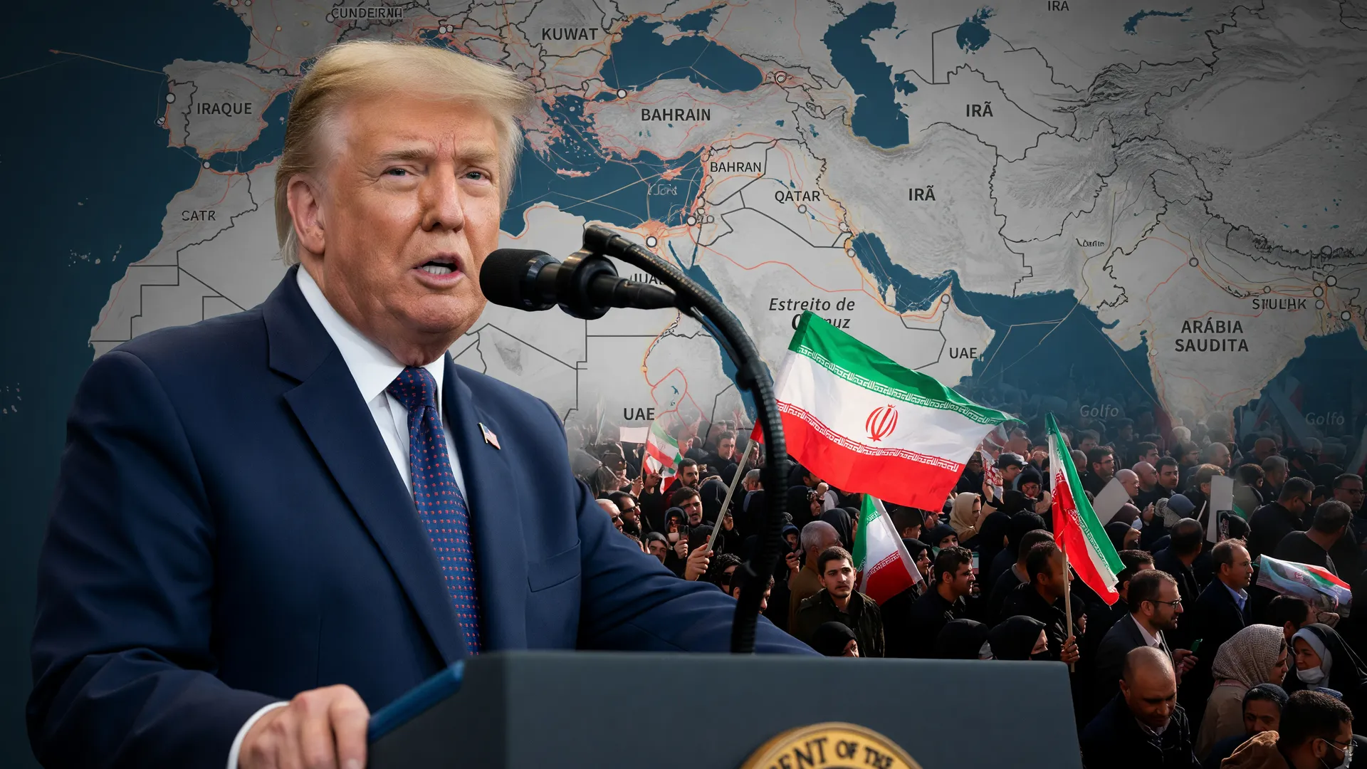 Trump, bandeiras iranianas e mapa do Estreito de Ormuz após ataque ao navio iraniano Touska pelos EUA