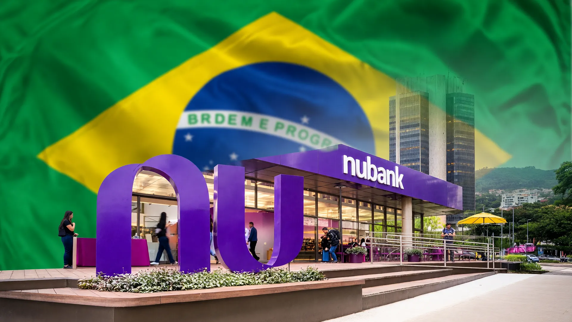 Prédio sede do Nubank em São Paulo com bandeira do Brasil, representando investimento de bilhões em 2026