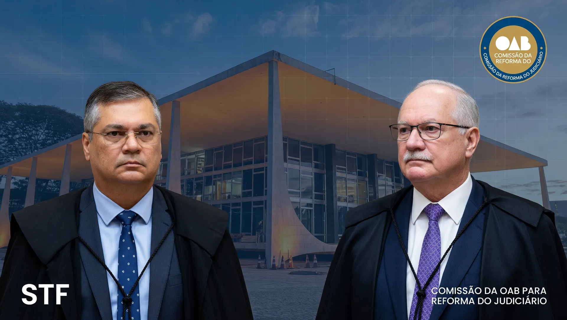 Fachada do STF ao entardecer com ministros em composição editorial sobre comissão da OAB para reforma do Judiciário