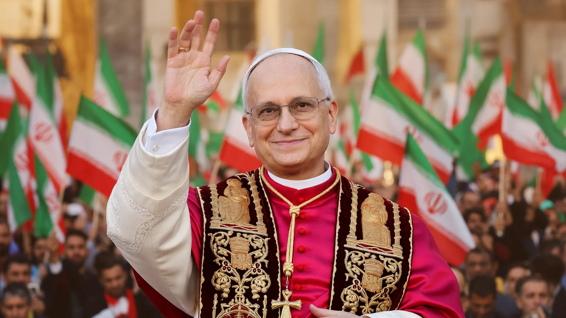 Papa Leão XIV condena guerra Irã com gesto de bênção em vestes pontifícias vermelhas