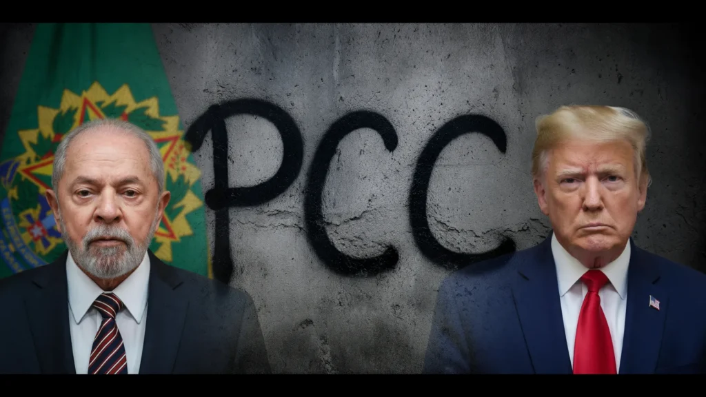 Colagem editorial mostrando PCC expansão global tráfico cocaína: governo Lula enfrenta desafio internacional