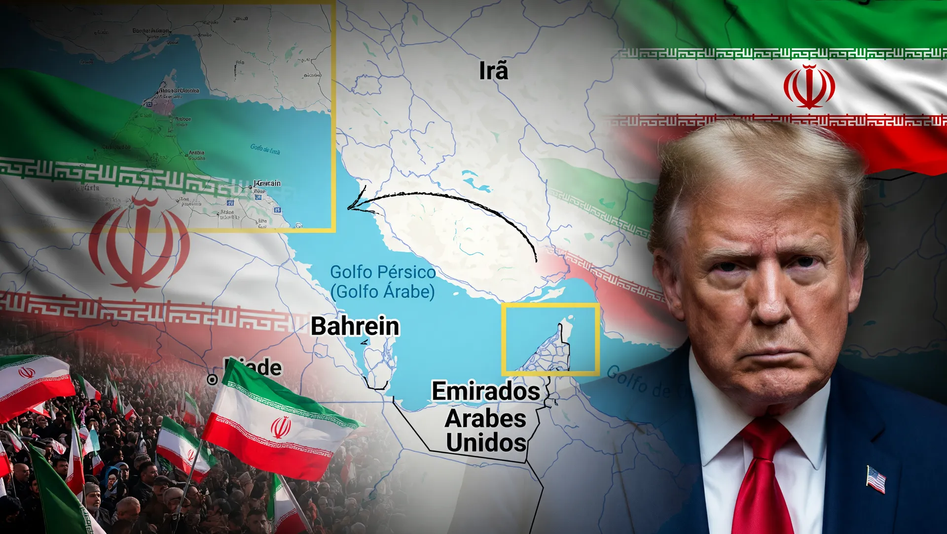 Mapa do Estreito de Ormuz com Irã e tensões do pedágio iraniano, representando bloqueio naval e confronto com EUA