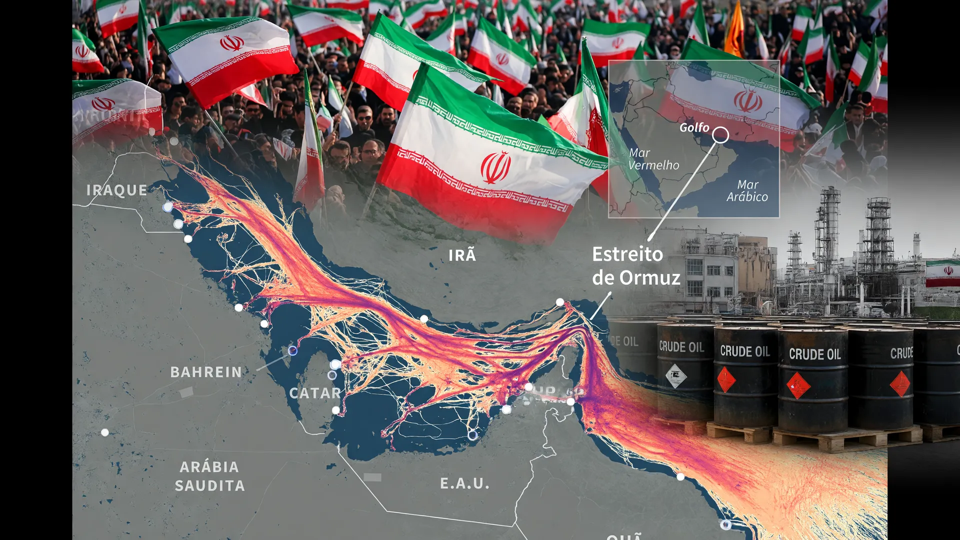 Rota comercial do Estreito de Ormuz com visualização de pedágio de navios, mostrando pressão econômica do Irã no comércio