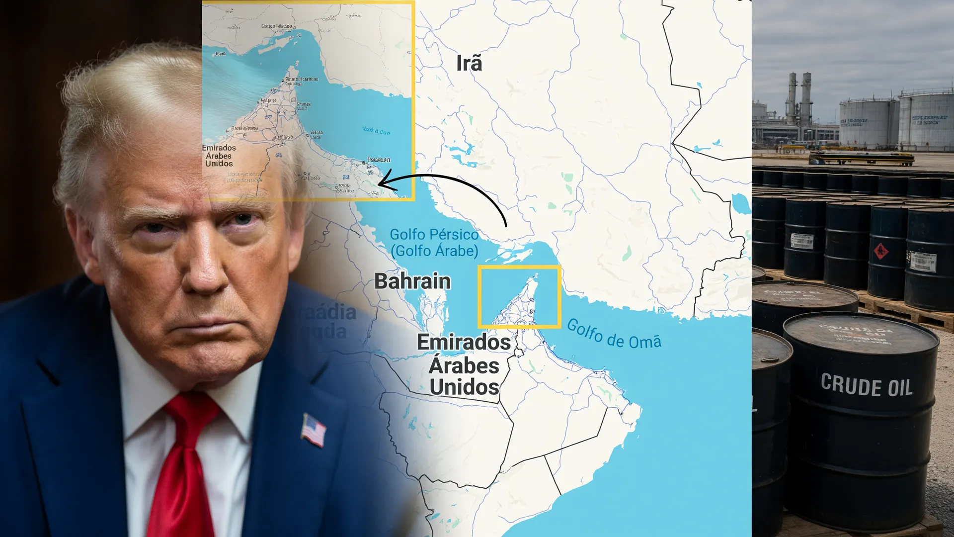 Bloqueio de petroleiro chinês no Estreito de Ormuz com mapa estratégico, Trump e barris de petróleo