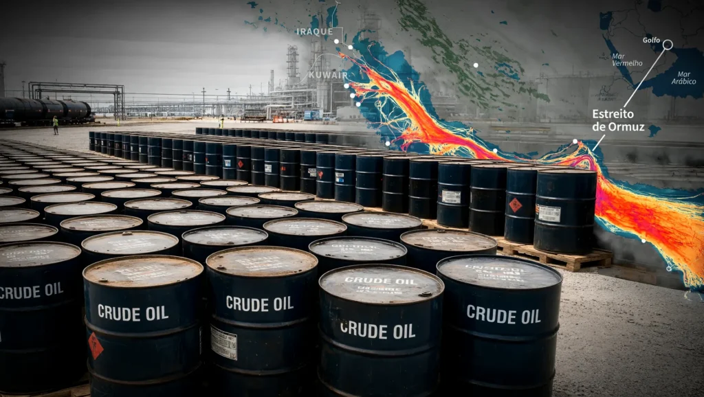 Barris de petróleo Brent e Estreito de Ormuz fechado simbolizam alta de preços em guerra envolvendo Irã