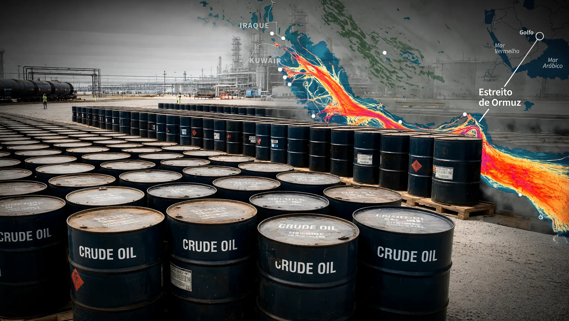 Barris de petróleo Brent e Estreito de Ormuz fechado simbolizam alta de preços em guerra envolvendo Irã