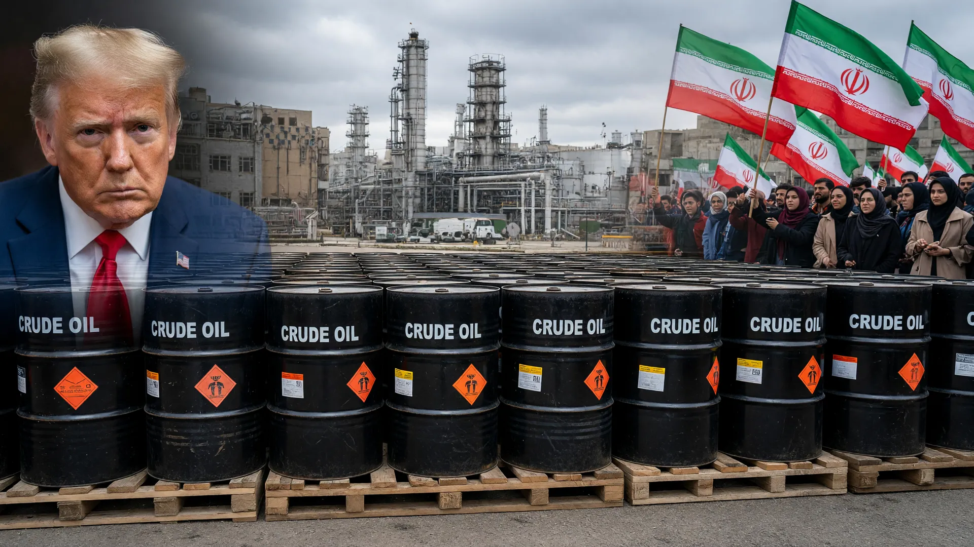 Colagem editorial mostrando petróleo subindo com ultimato Trump ao Irã no Golfo Pérsico