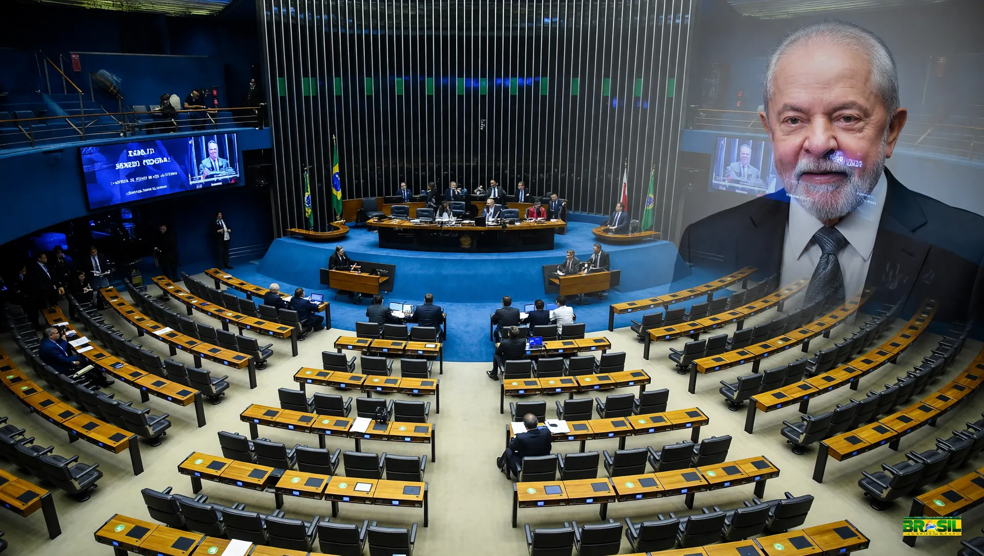 Câmara dos Deputados em primeiro plano aprovando PEC de piso assistência social, Senado ao fundo