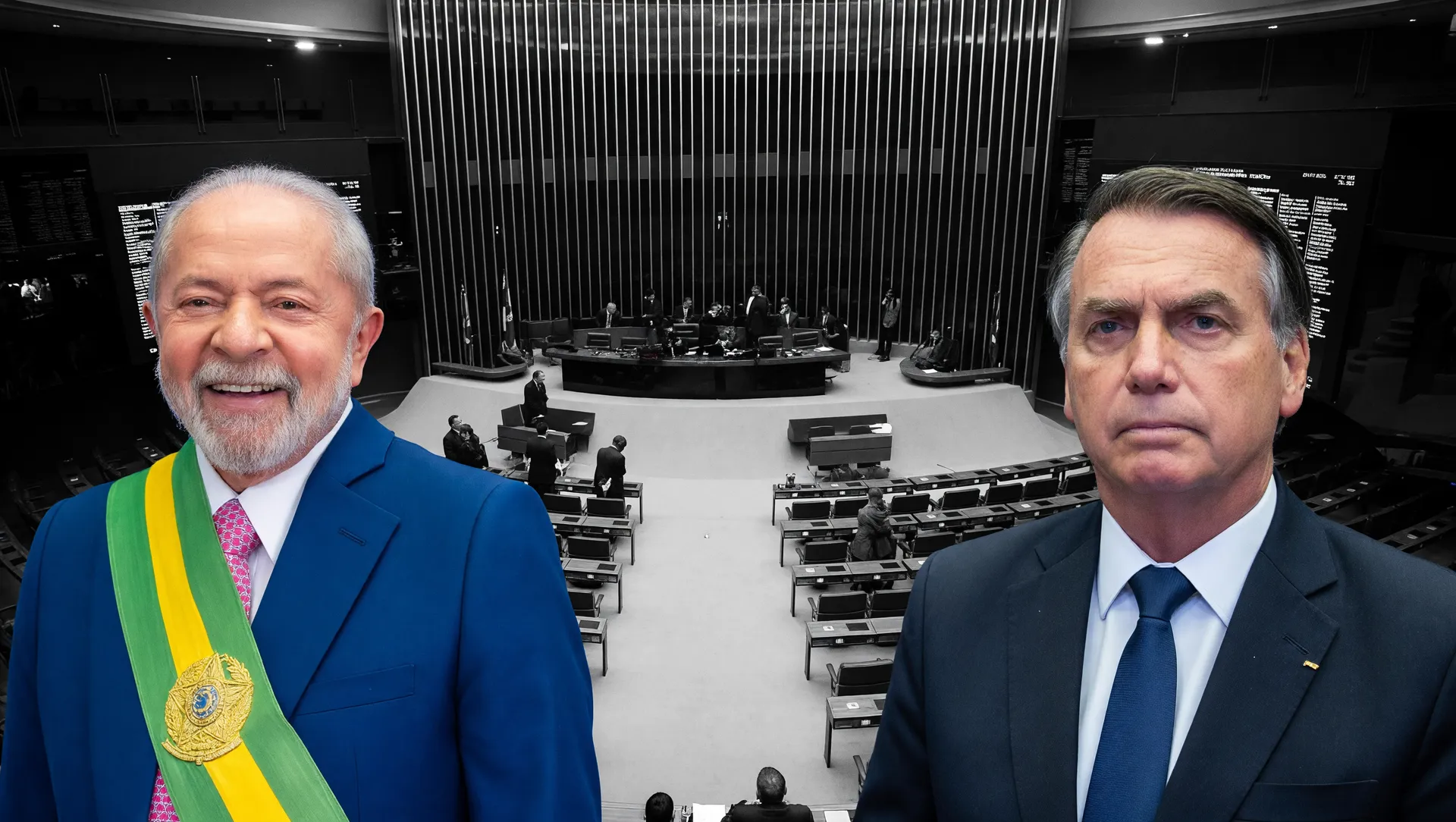 Câmara em sessão votando para derrubar veto ao PL da Dosimetria, com Lula e Bolsonaro