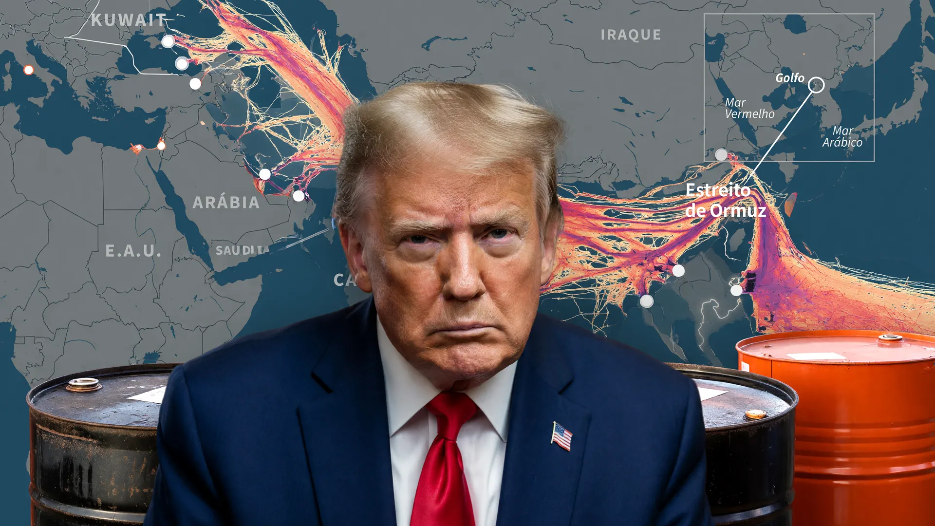 Trump e mapa do Estreito de Ormuz com barris de petróleo, ilustrando prazo Trump Estreito de Ormuz petróleo