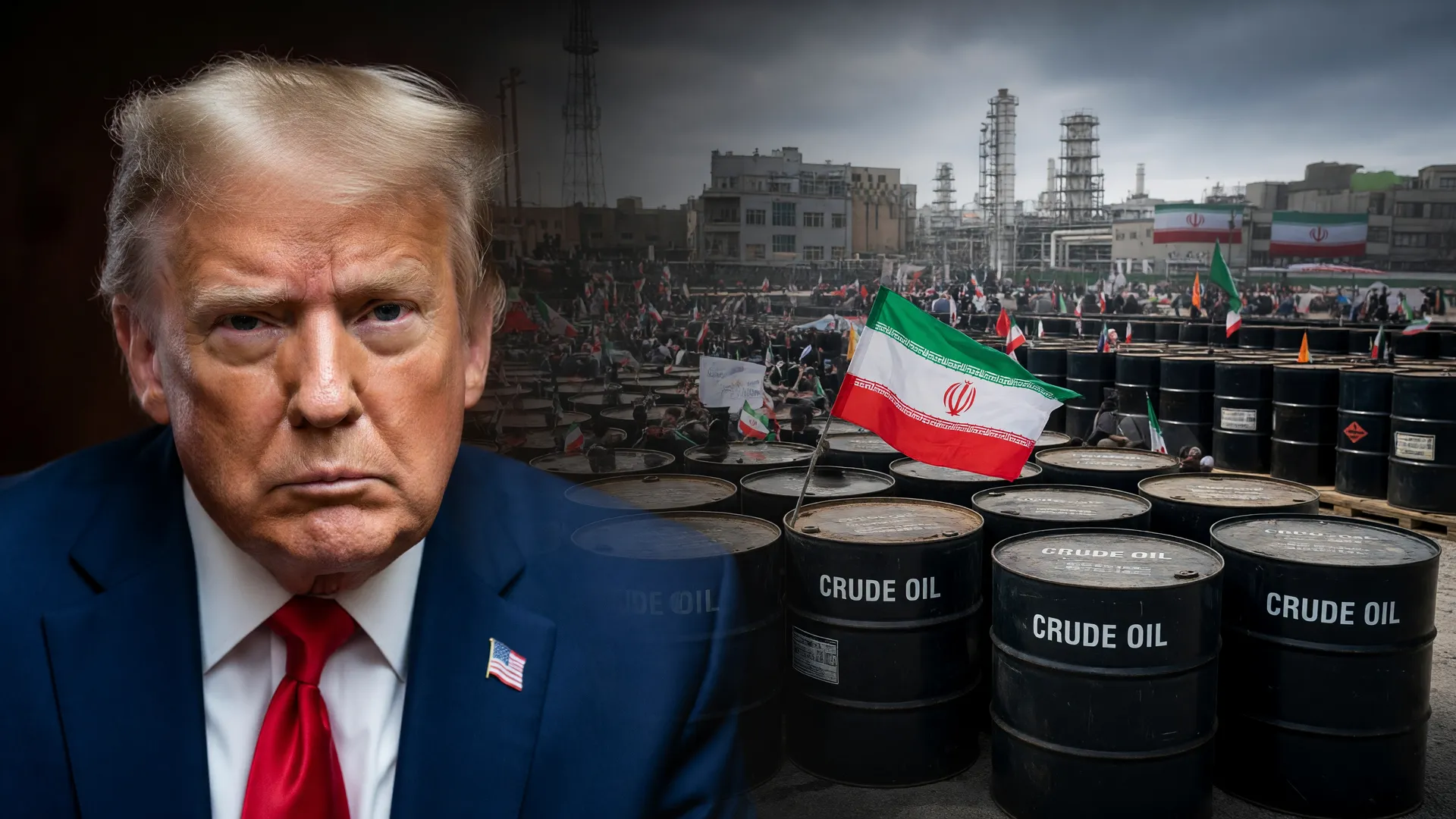 Composição editorial: Trump, Irã e barris de petróleo sobre aumento do preço do petróleo guerra Trump Irã