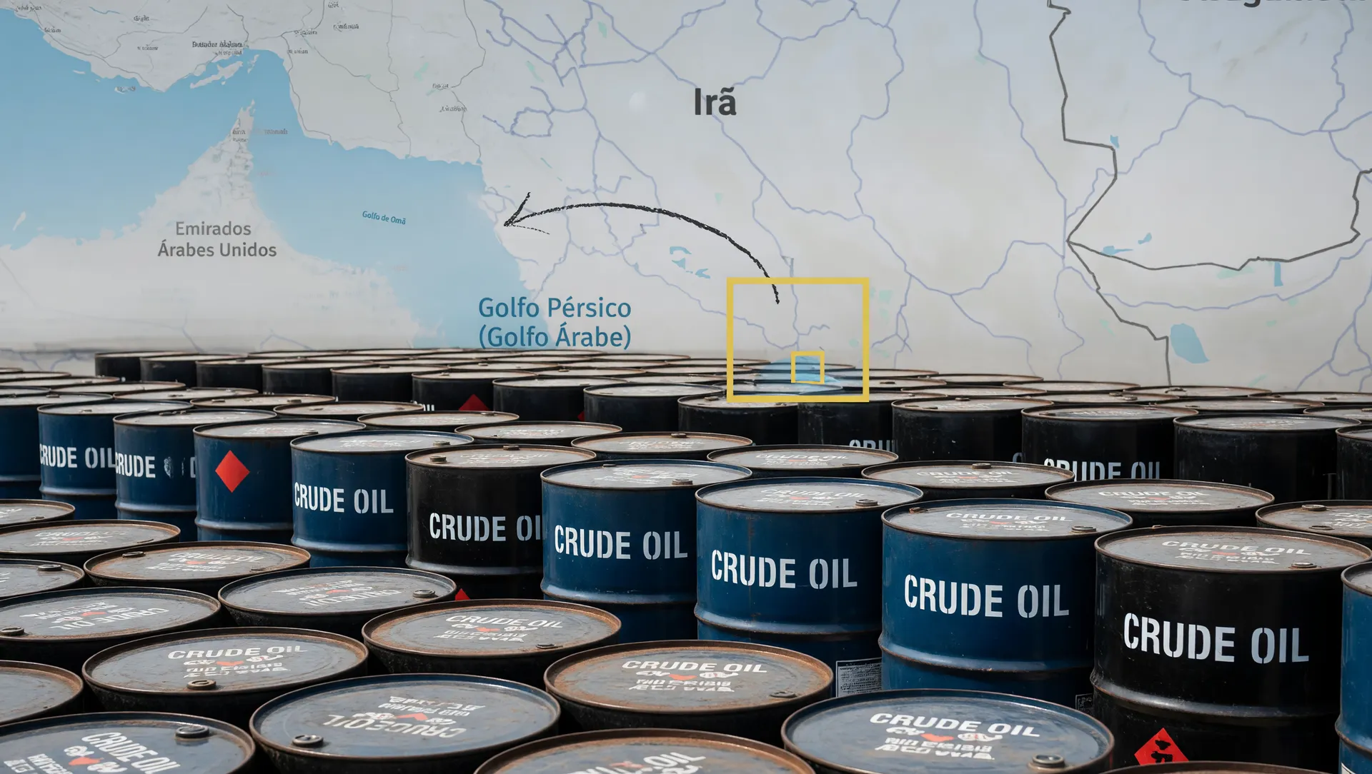 Barris em refinaria com mapa do Estreito de Ormuz: o impasse EUA-Irã determina preço do petróleo