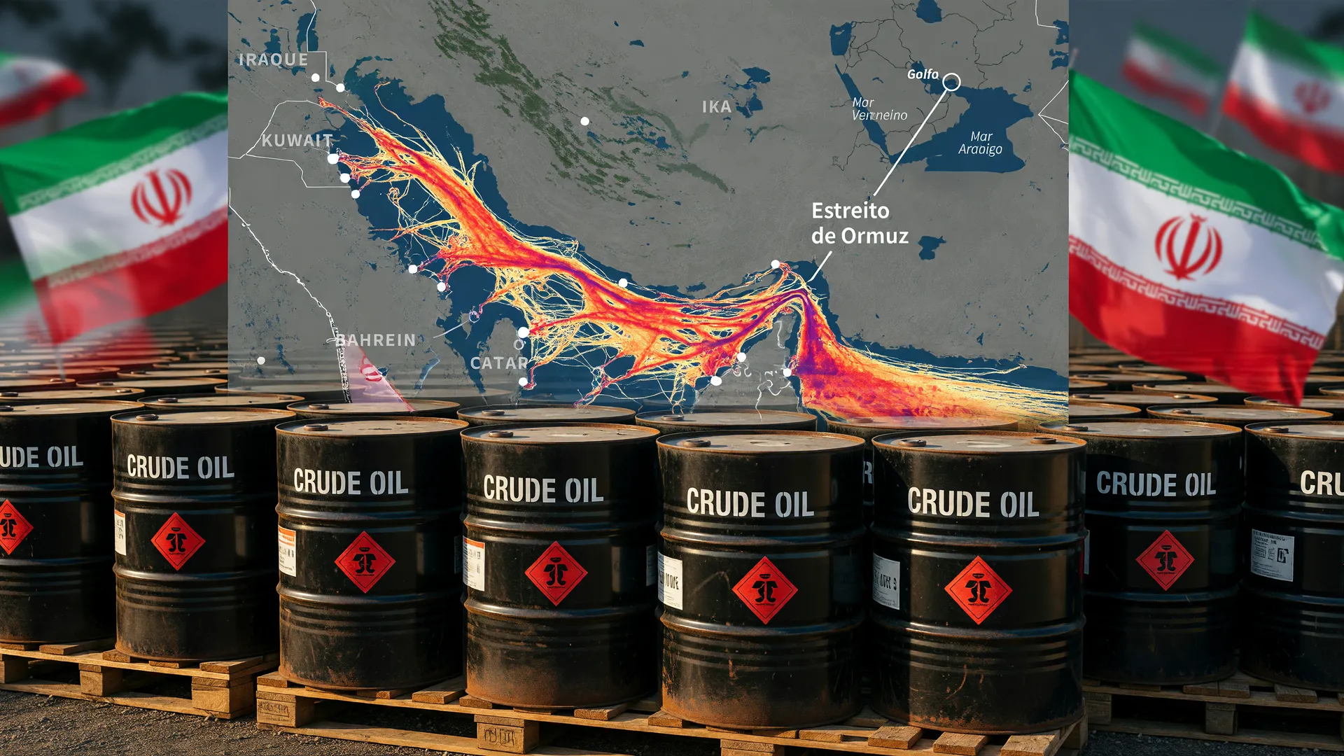 Petróleo, Estreito de Ormuz e Irã em colagem editorial sobre preço do petróleo no cessar-fogo do Oriente Médio