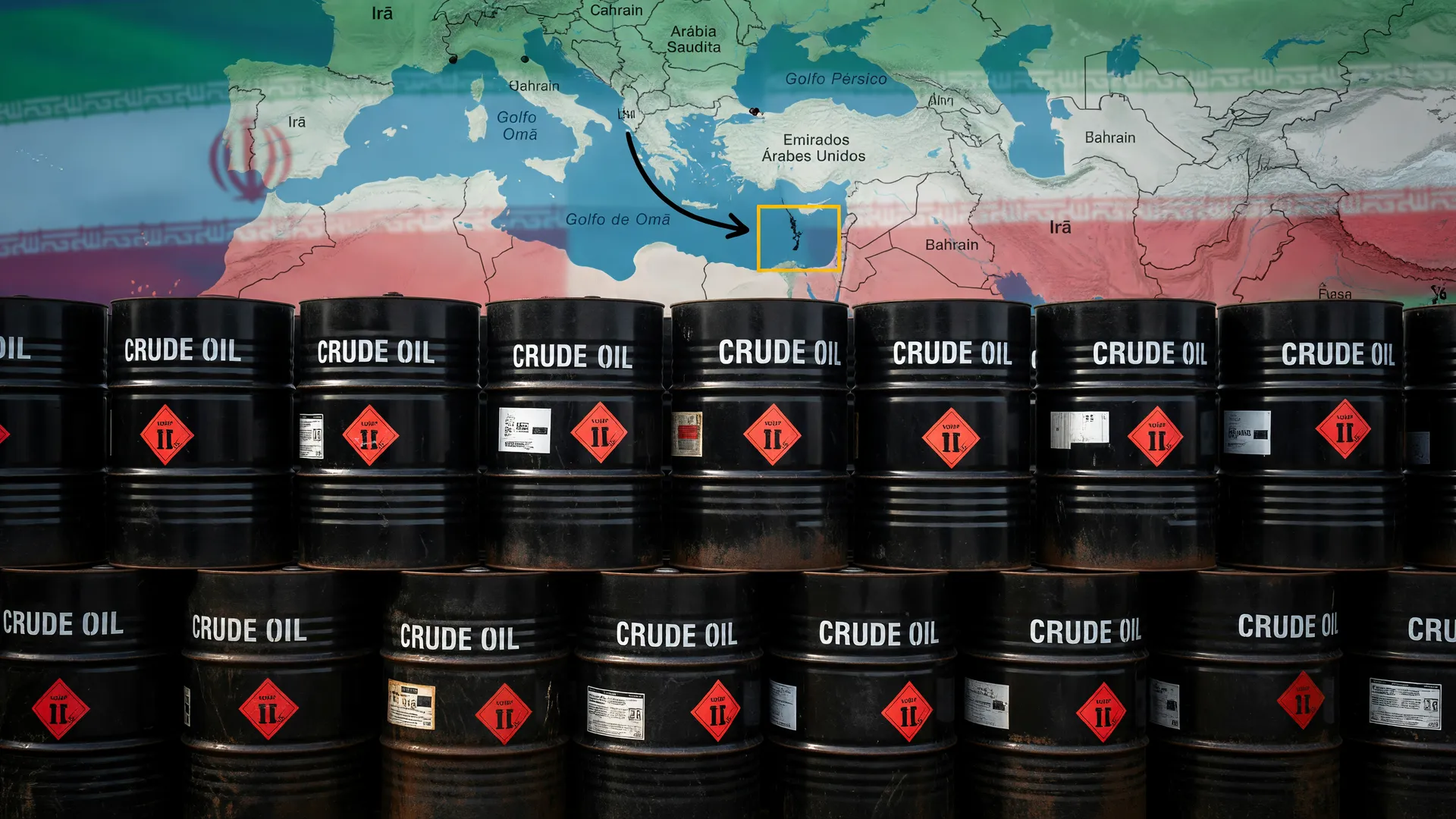 Barris de petróleo e mapa do Estreito de Ormuz mostrando a queda no preço petróleo Estreito de Ormuz