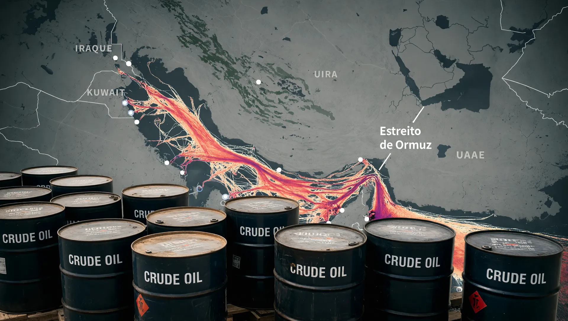 Mapa do Estreito de Ormuz com barris de petróleo ilustrando preços de energia guerra Oriente Médio